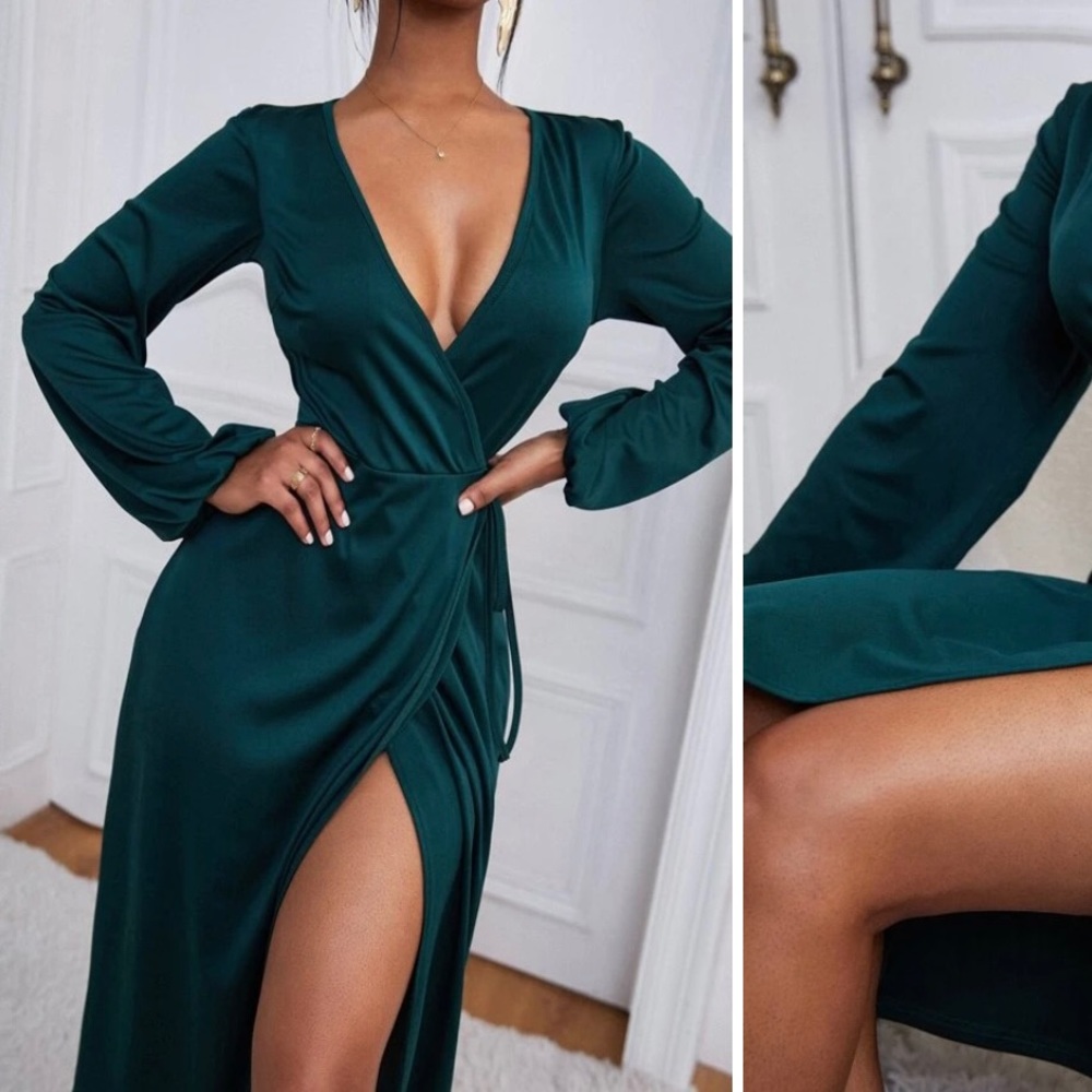 Brand new long sleeve wrap emerald green dress